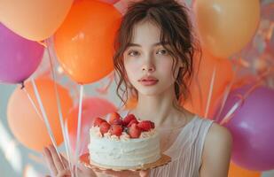 ai généré une fille est en portant une anniversaire gâteau et des ballons, dans le style de violet et orange. photo