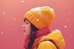 ai généré une femme dans une Jaune gilet et chapeau est orienté vers une rose Contexte. photo