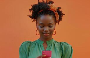 ai généré une femme dans une vert chemisier à la recherche à sa téléphone simplicité,. photo