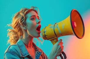 ai généré une femme est en criant avec une mégaphone. photo