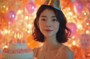 ai généré une Jeune asiatique femme portant une anniversaire chapeau est en portant une anniversaire gâteau. photo