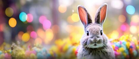 ai généré un Pâques lapin est portant coloré oreilles dans une parc. photo