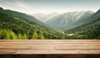 ai généré un vide en bois table dans de face de une magnifique vert. photo