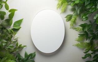 ai généré un ovale miroir Cadre suivant à vert feuilles. photo
