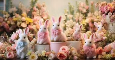 ai généré une capricieux réglage avec adorable lapin figurines, réglage le étape pour un enchanteur Pâques promotion. photo