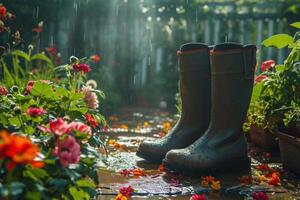 ai généré jardiniers bottes dans Floraison dans une jardin. photo