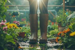 ai généré jardiniers bottes dans Floraison dans une jardin. photo