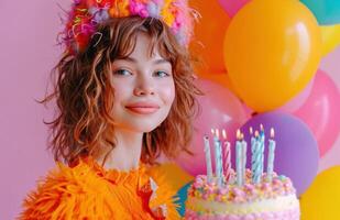 ai généré fille dans coloré costume en portant anniversaire gâteau et des ballons content anniversaire. photo