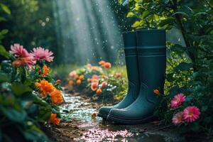 ai généré jardiniers bottes dans Floraison dans une jardin. photo