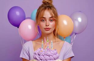 ai généré content Jeune femme en portant anniversaire gâteau avec coloré des ballons. photo