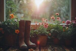 ai généré jardiniers bottes dans Floraison dans une jardin. photo