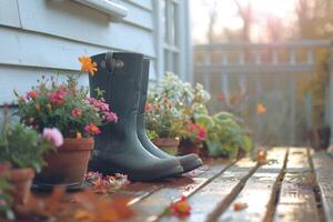 ai généré jardiniers bottes dans Floraison dans une jardin. photo