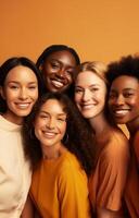 ai généré six femmes sont souriant ensemble sur une beige Contexte. photo