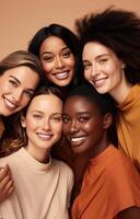 ai généré six femmes sont souriant ensemble sur une beige Contexte. photo