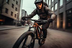 ai généré le Montagne bicyclette chauffeur est équitation sur le rue dans le ville photo