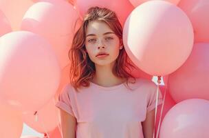 ai généré femme en portant une énorme bouquet de des ballons. photo