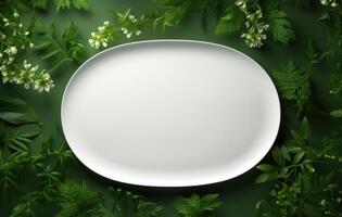 ai généré blanc ovale assiette dans verdure verdure Contexte. photo
