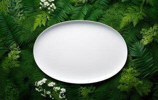 ai généré blanc ovale assiette dans verdure verdure Contexte. photo