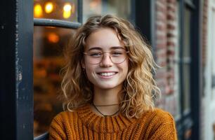 ai généré Jeune souriant fille portant chaud Haut et lunettes. photo