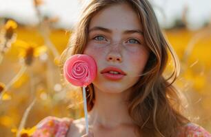 ai généré une adolescent fille en portant une rose sucette tandis que montrant de sa bouche photo