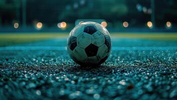 ai généré une football Balle séance sur un vide champ à nuit photo