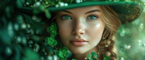 ai généré content st patrick journée 2019 fille avec une vert chapeau en portant trèfle feuilles photo