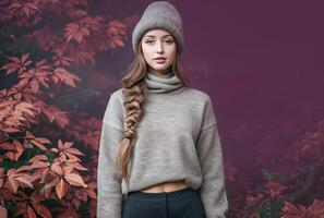 ai généré une fille dans gris chandail, chapeau et longue manteau photo