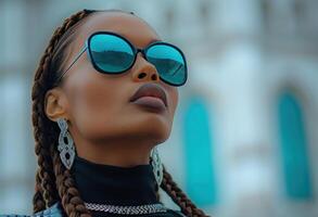 ai généré une femme avec longue cheveux et des lunettes de soleil photo