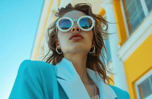 ai généré femme portant une bleu blazer et paire de blanc des lunettes de soleil photo