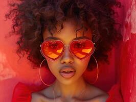 ai généré magnifique femme portant cœur en forme de des lunettes de soleil photo