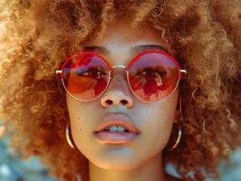 ai généré une magnifique femme est portant rouge des lunettes de soleil avec gros afro blondinette photo