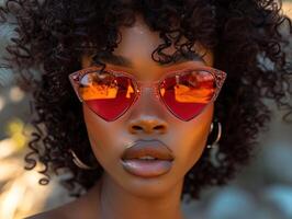 ai généré une noir femme avec gros boucles posant en plein air derrière une cœur en forme de des lunettes de soleil photo