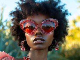 ai généré une noir femme avec gros boucles posant en plein air derrière une cœur en forme de des lunettes de soleil photo