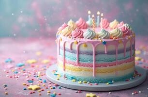 ai généré bleu, rose, et Jaune arc en ciel anniversaire gâteau sur une table avec étoiles plus de il photo