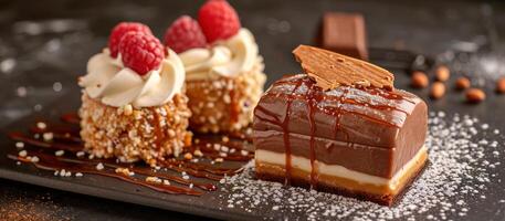 ai généré une gâteau et Chocolat la glace crème avec caramel, allongé, Aléatoire déambule photo