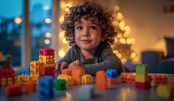 ai généré une enfant est séance à une table en jouant avec blocs photo