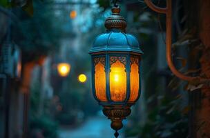 ai généré une minable élégant lanterne allumé dans une ville dans une brillant lumière photo