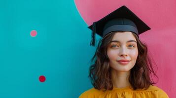 ai généré minimaliste vif publicité Contexte avec Beau femme dans l'obtention du diplôme casquette et copie espace photo