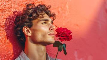 ai généré minimaliste vif publicité Contexte avec Beau homme avec Rose et copie espace photo