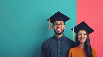 ai généré minimaliste vif publicité Contexte avec Beau couple dans l'obtention du diplôme casquette et copie espace photo