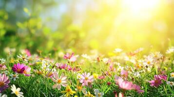 ai généré printemps Naturel casse-croûte avec fleurs, Soleil brûle et copie espace photo