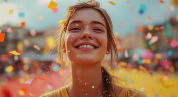 ai généré une Jeune femme est permanent dans une arc en ciel champ avec drapeaux en volant photo