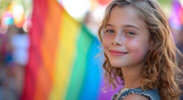 ai généré arc en ciel drapeau avec Jeune fille souriant, Candide atmosphère photo