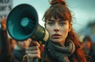 ai généré une femme en portant une mégaphone et protester rue panneaux, photo