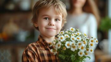 ai généré une 10 ans garçon dans une à carreaux chemise des stands avec une bouquet de fleurs pour le sien mère photo