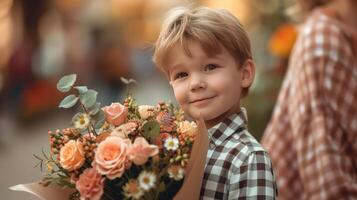 ai généré une 10 ans garçon dans une à carreaux chemise des stands avec une bouquet de fleurs pour le sien mère photo