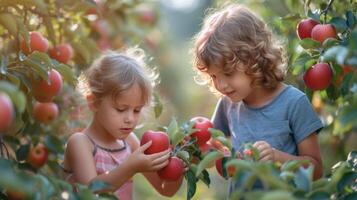 ai généré une garçon et une fille de dix ans vieux collecte magnifique rouge pommes de un Pomme arbre dans une été jardin dans ensoleillé temps photo