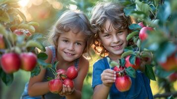 ai généré une garçon et une fille de dix ans vieux collecte magnifique rouge pommes de un Pomme arbre dans une été jardin dans ensoleillé temps photo