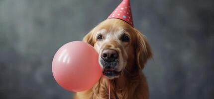 ai généré une chien portant une anniversaire chapeau et une jouet photo