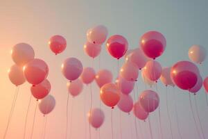 ai généré différent coloré des ballons sont en volant dans le ciel photo